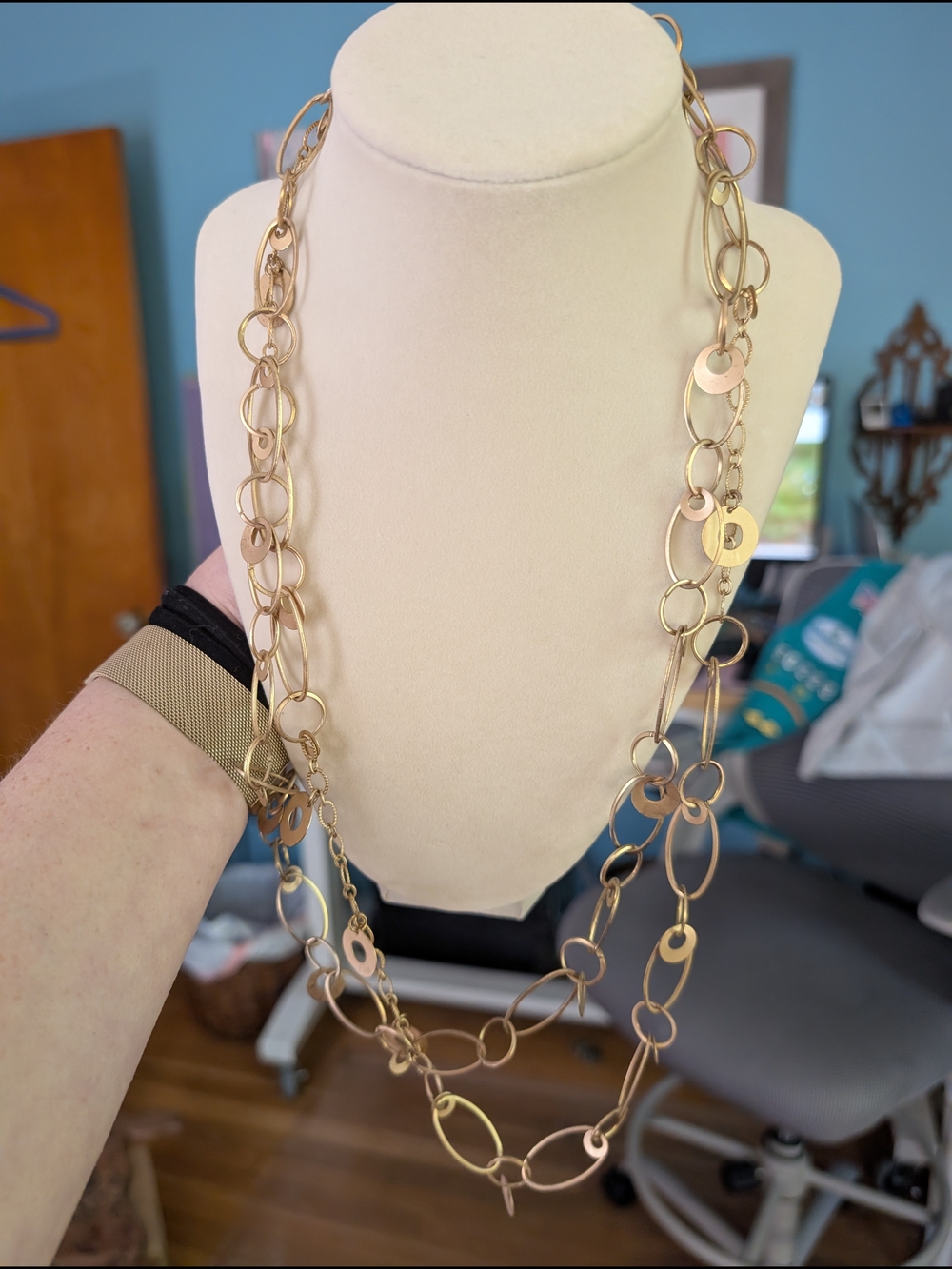 Long Gold Link Necklace with Disc Accents